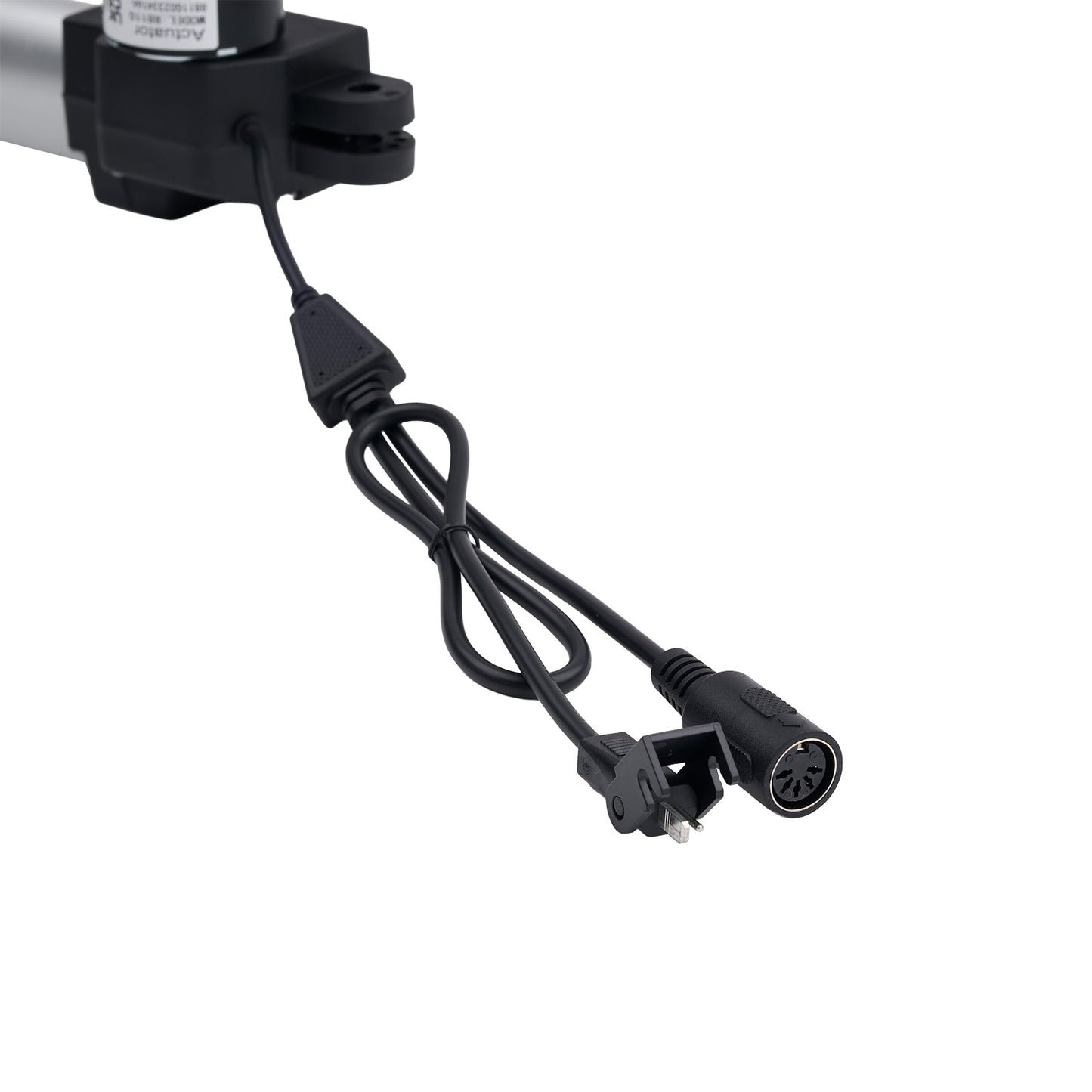 Black electrical connector with cable on a white background