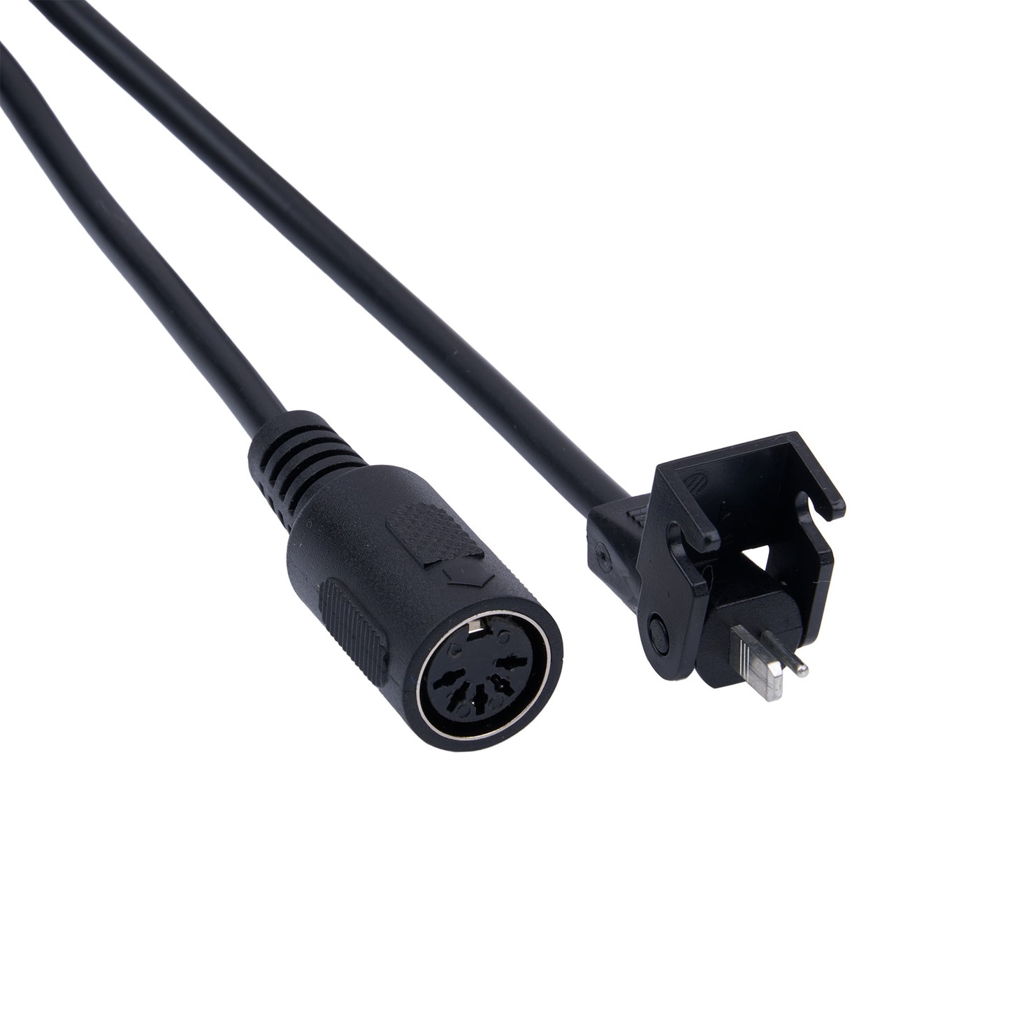 Black audio cable with XLR female connector and plug on a white background