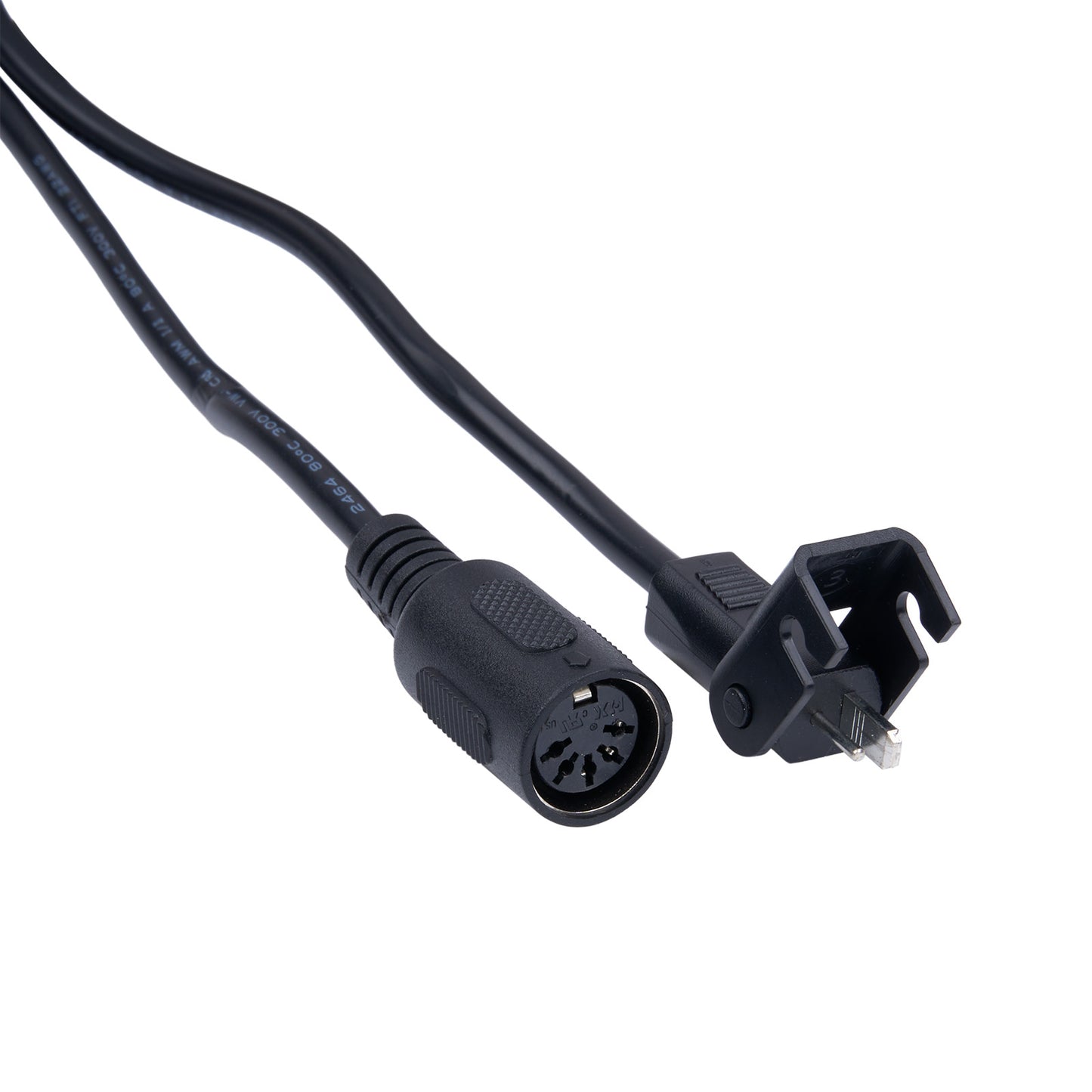 Black power cable with connectors on a white background
