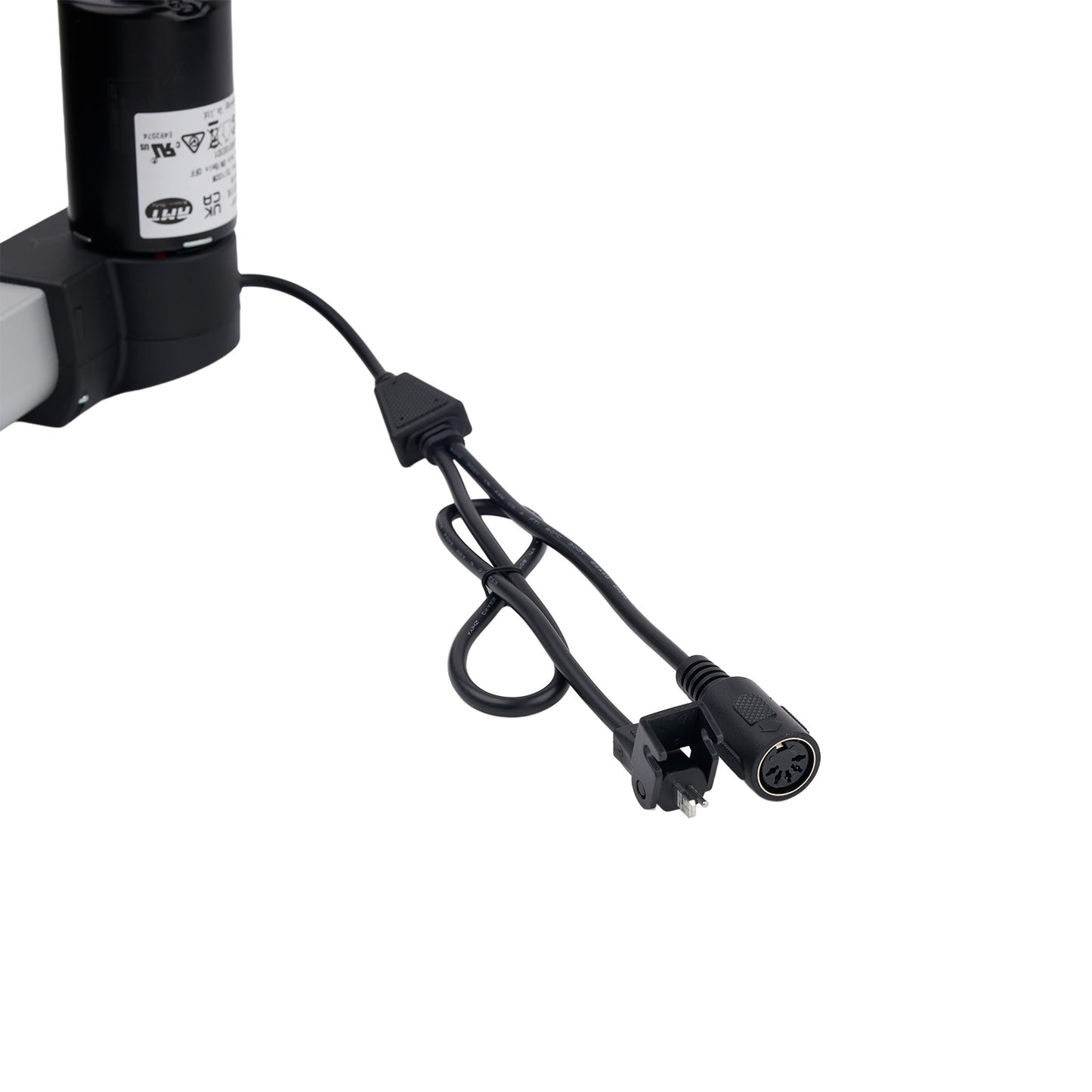 Black power cord with plug on a white background