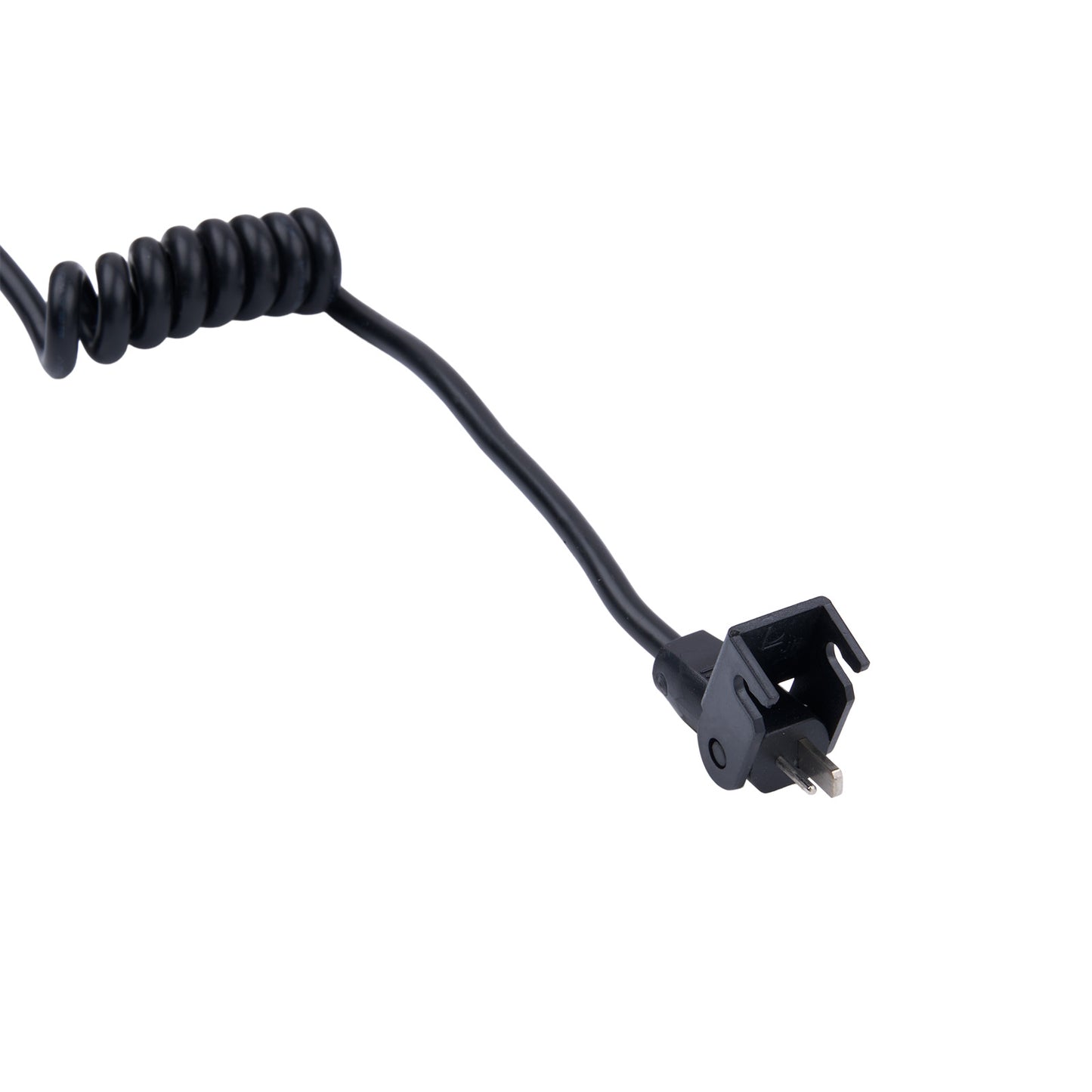Black coiled cable with a plug on a white background