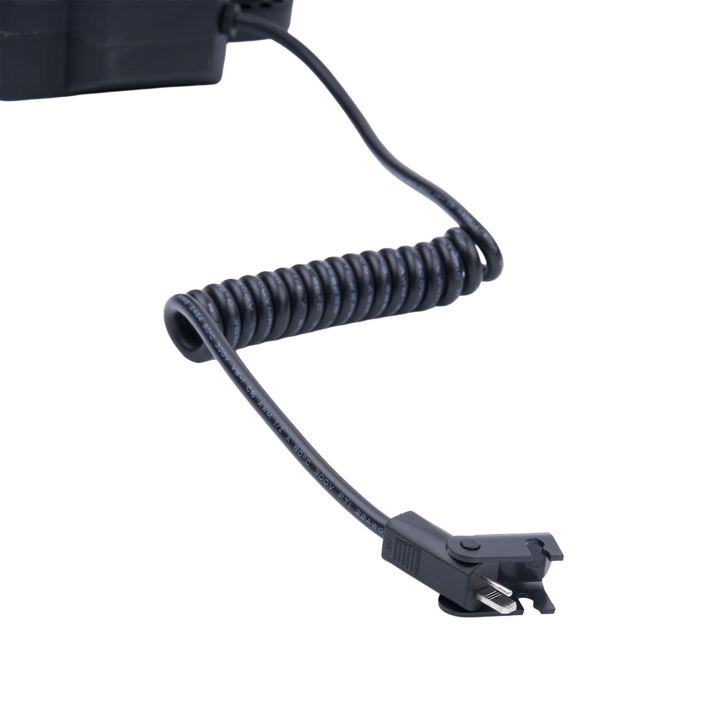 Black coiled cable with a clip on a white background