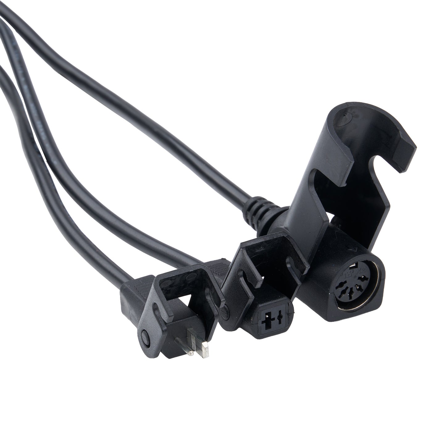 Black electrical cable with connectors on a white background