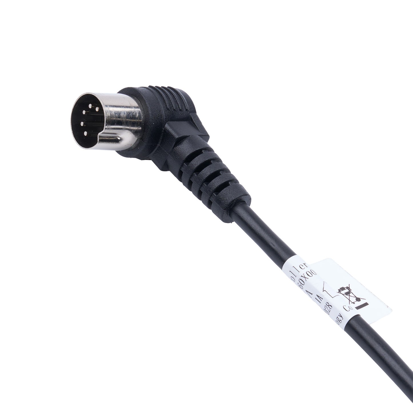 Black cable with a connector on a white background