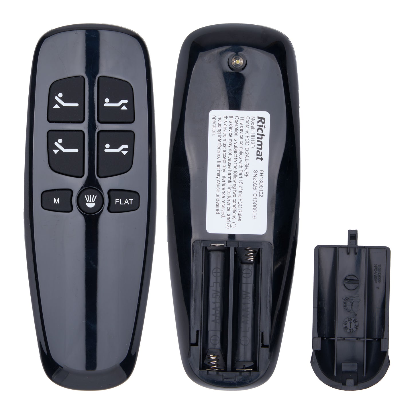 Black remote control with battery compartment on a white background