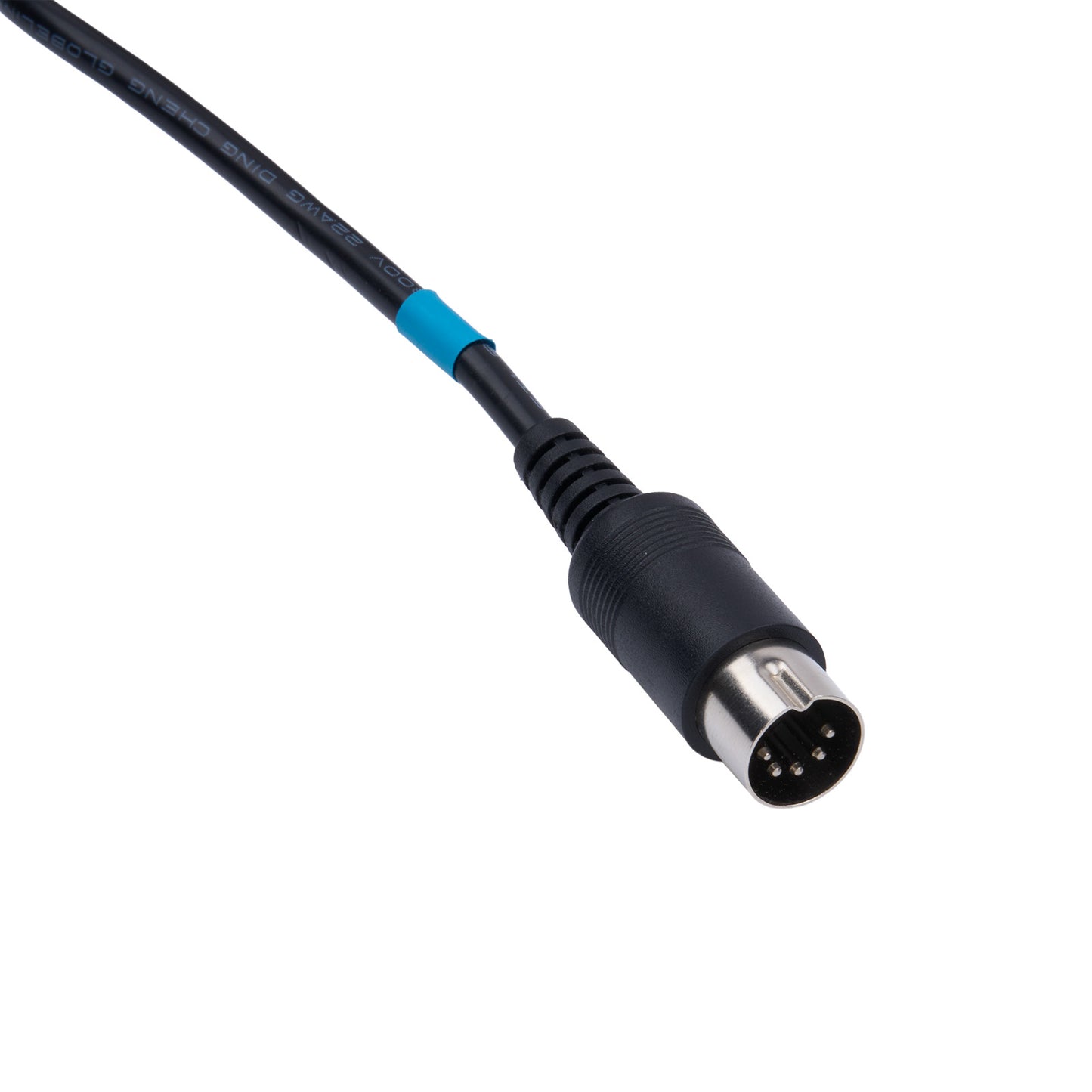 Black audio cable with a 4-pin connector on a white background