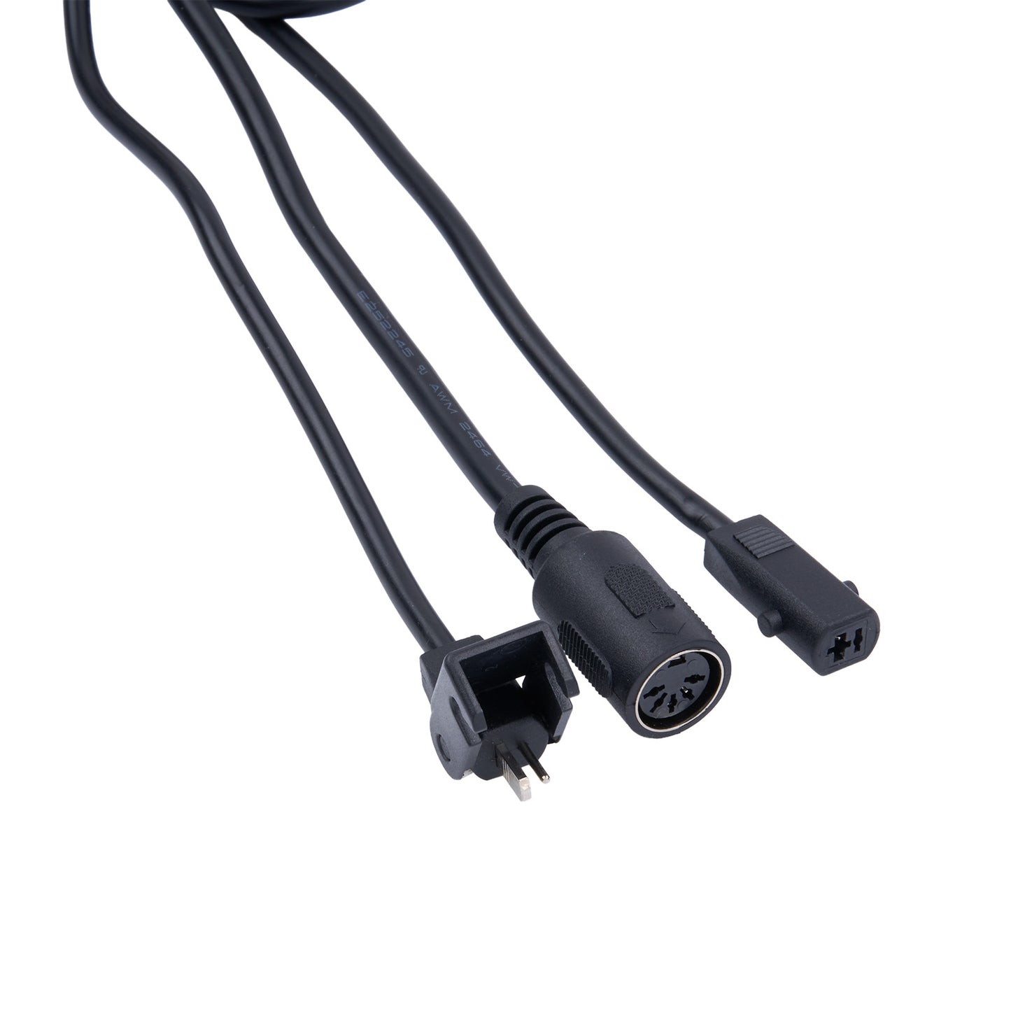 Black power cable with multiple connectors on a white background