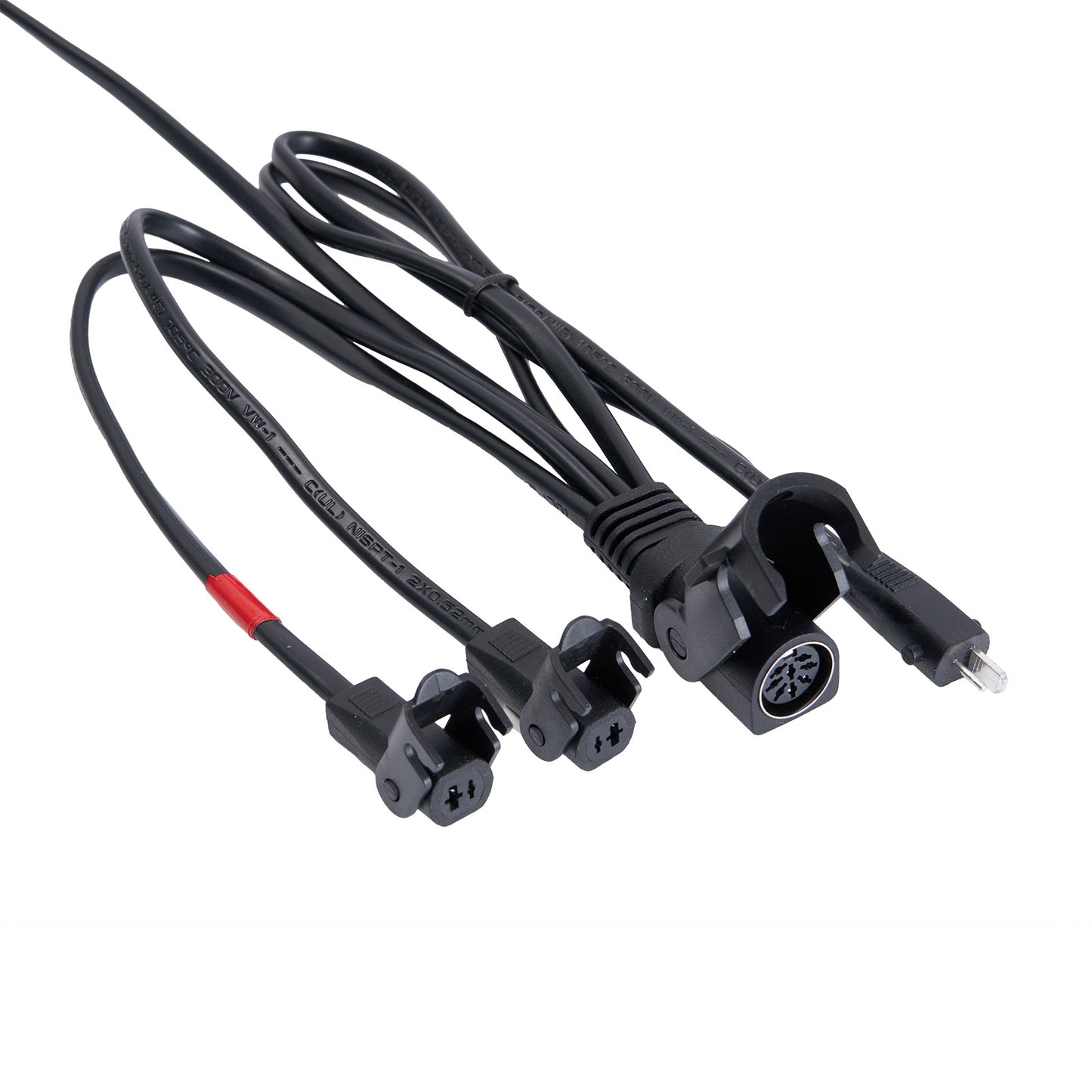 Black wiring harness with connectors on a white background