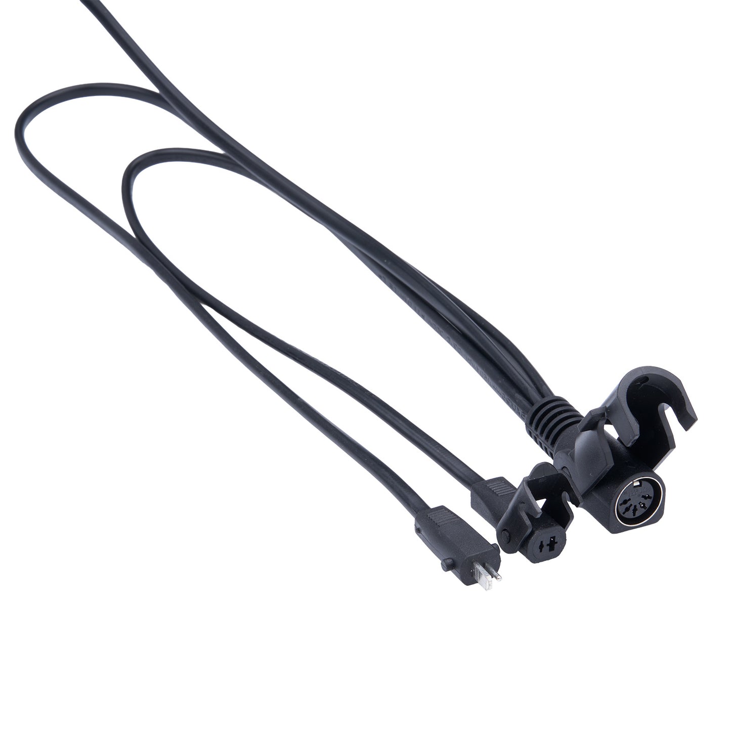 Black cable with connectors on a white background