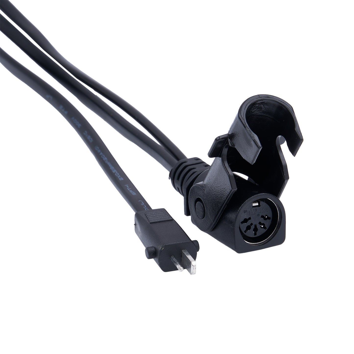 Black electrical cable with plug and socket on a white background