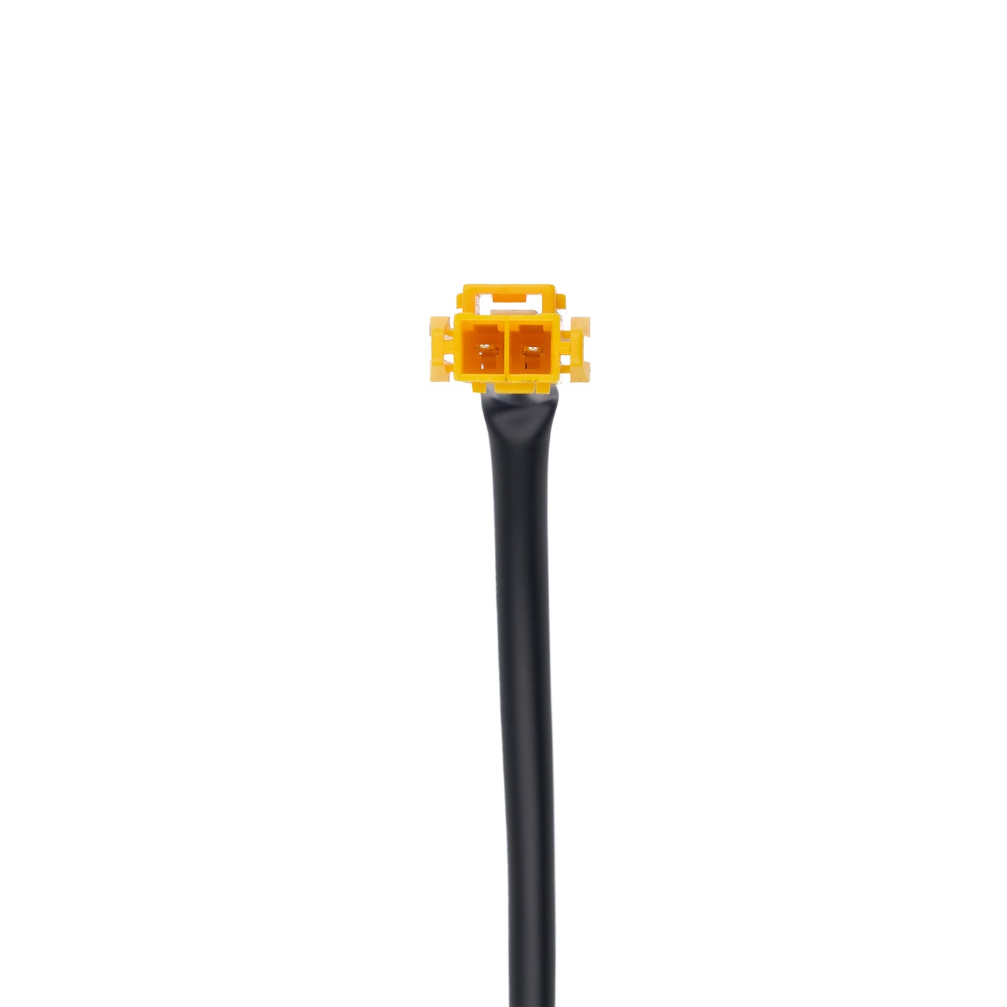 Black cable with a yellow connector on a white background