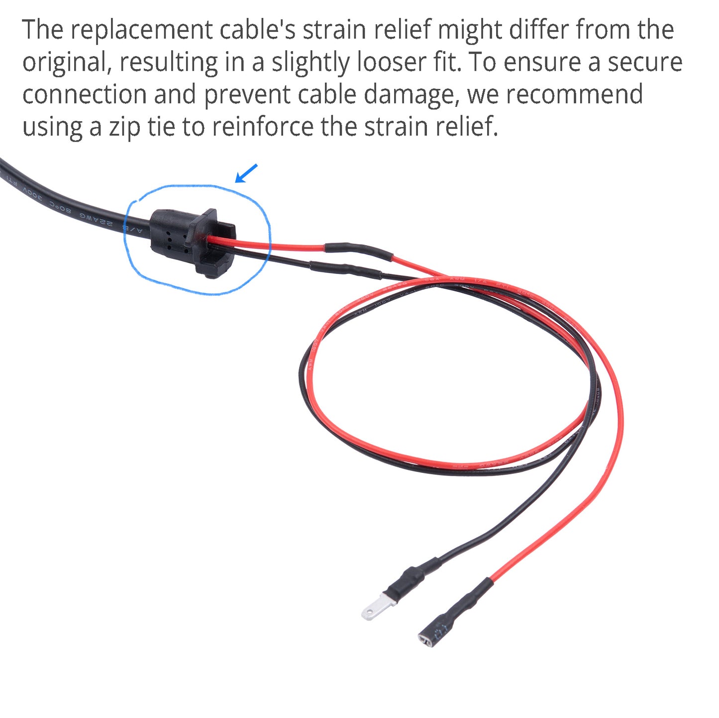 Wiring harness with red and black wires on a white background, showing a strain relief and text about using a zip tie.