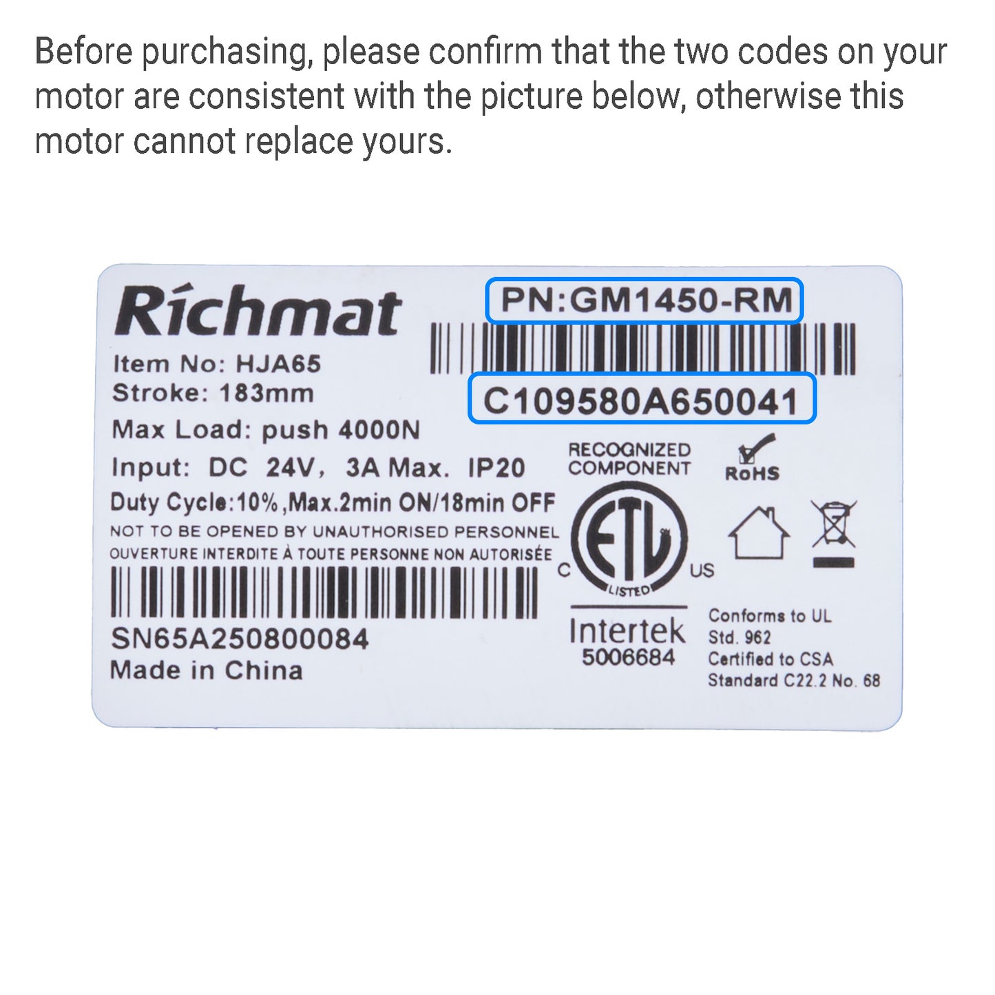 Richmat HJA65 GM1450-RM Linear Actuator - Stroke 183mm