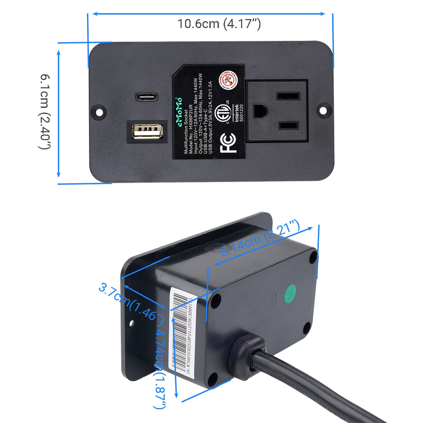 eMoMo HX66P2UR Furniture Recessed Power Strip with AC Outlet, USB & Type C