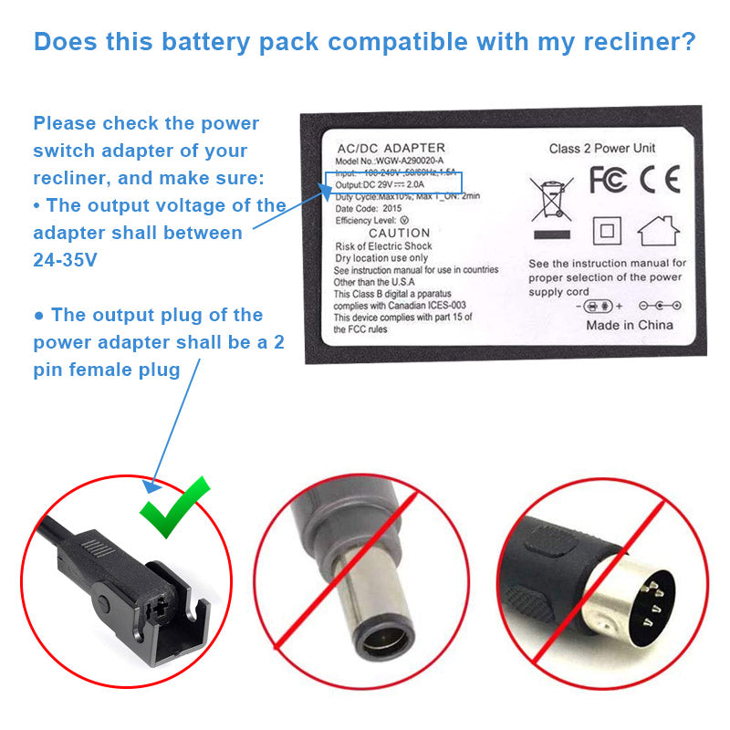 Universal Recliner Battery Pack 24V/29V 1800mAh Rechargable