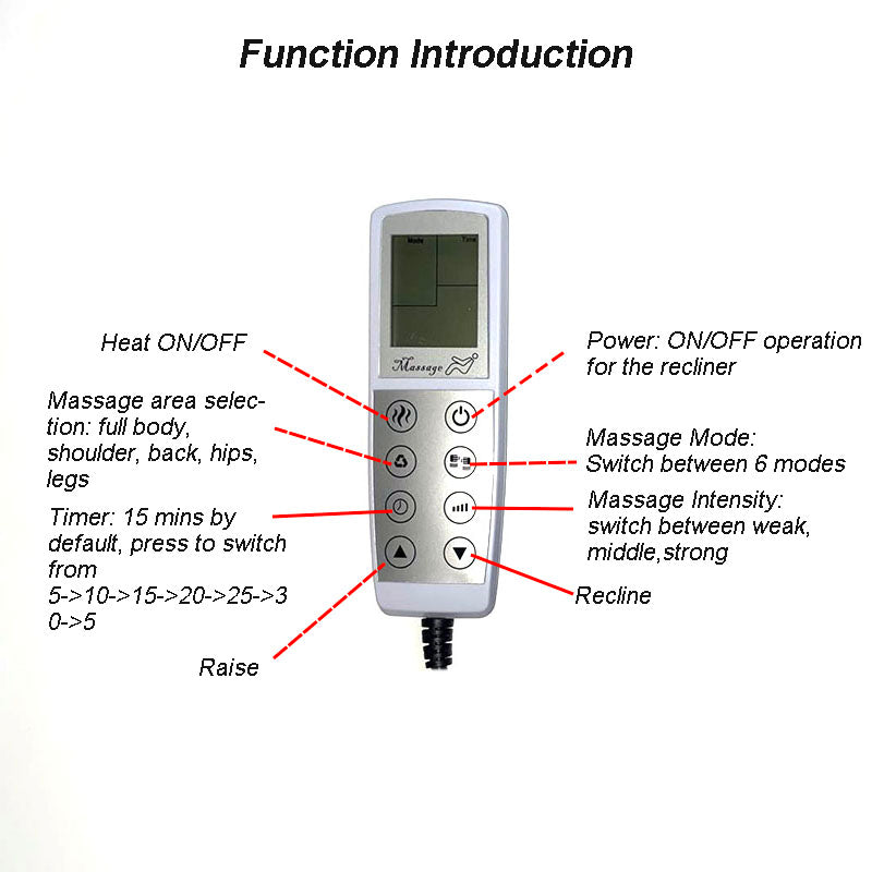 8 Button Massage & Up/Down Remote Controller for Single Motor Recliner with LCD Screen Touch Sensor Buttons, 5-Pin Plug