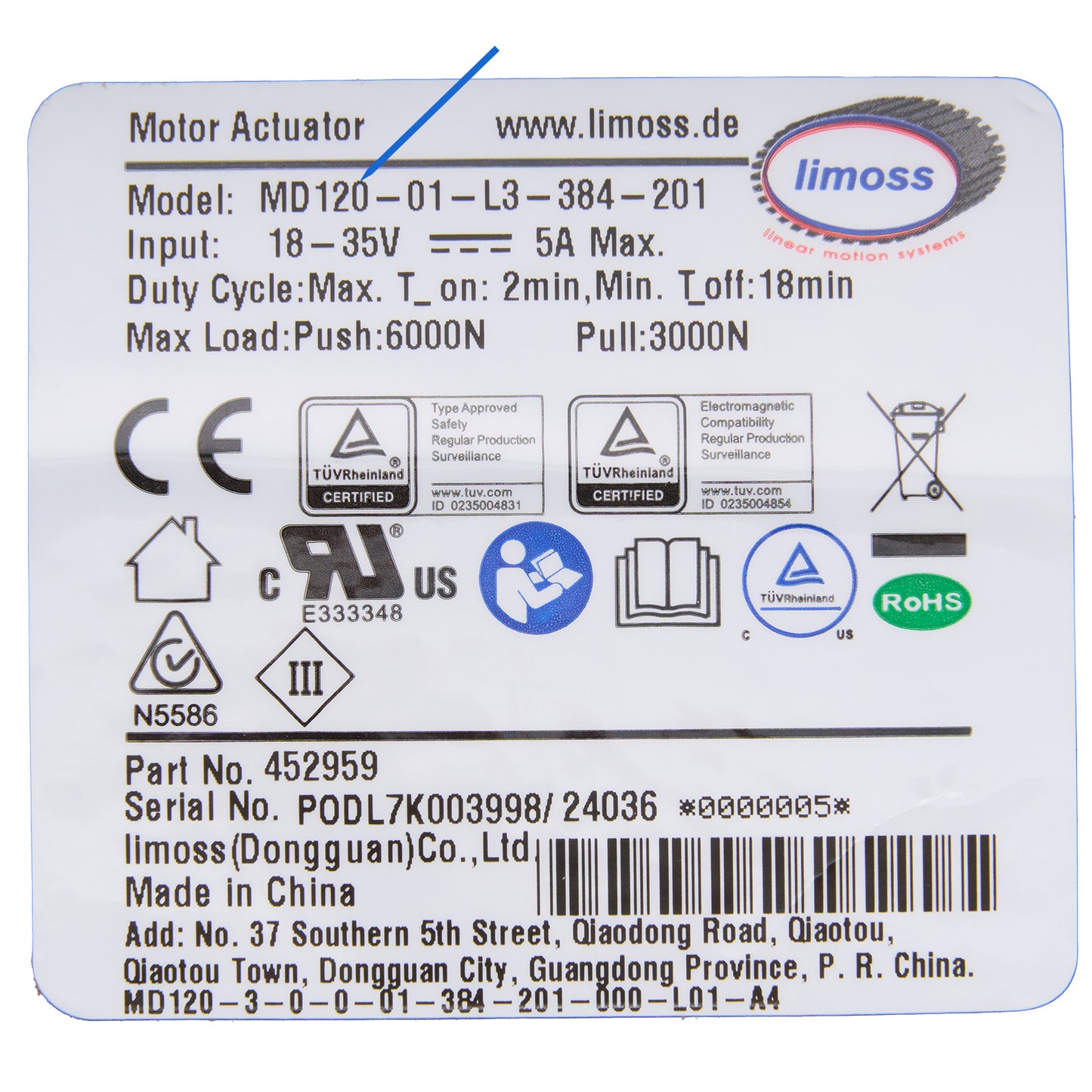 Limoss 452959 MD120-01-L3-384-201 Linear Actuator for Recliner/Lift Chair