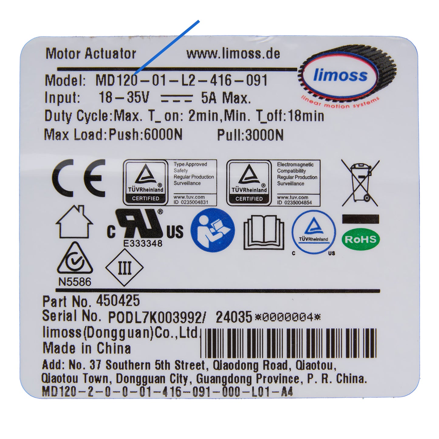 Limoss 450425 MD120-01-L2-416-091 Linear Actuator for Recliner/Lift Chair