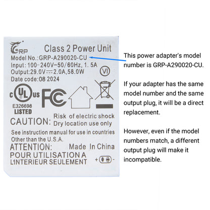 GRP-A290020-CU Power Supply for Motion Furniture 29V 2A 90° 2 Prong Plug