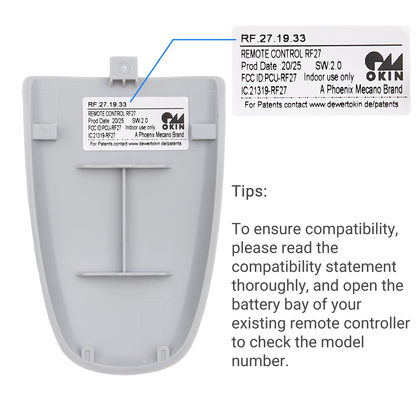OKIN RF.27.19.33 Wireless Remote Control for Adjustable Bed Bases Hand Control Handset