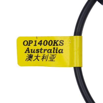 Yellow label with text on a black cable against a white background