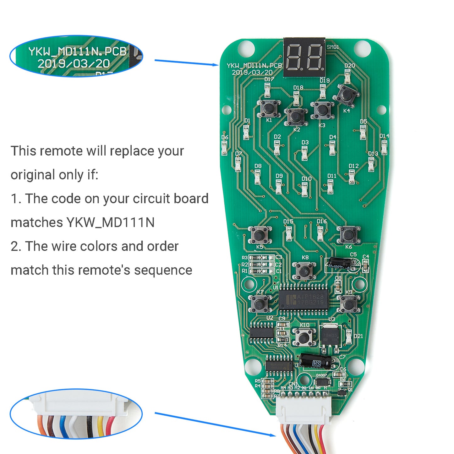 YKW_MD111N Heat & Vibration Hand Controller for Recliner 6 Button 8 Pin