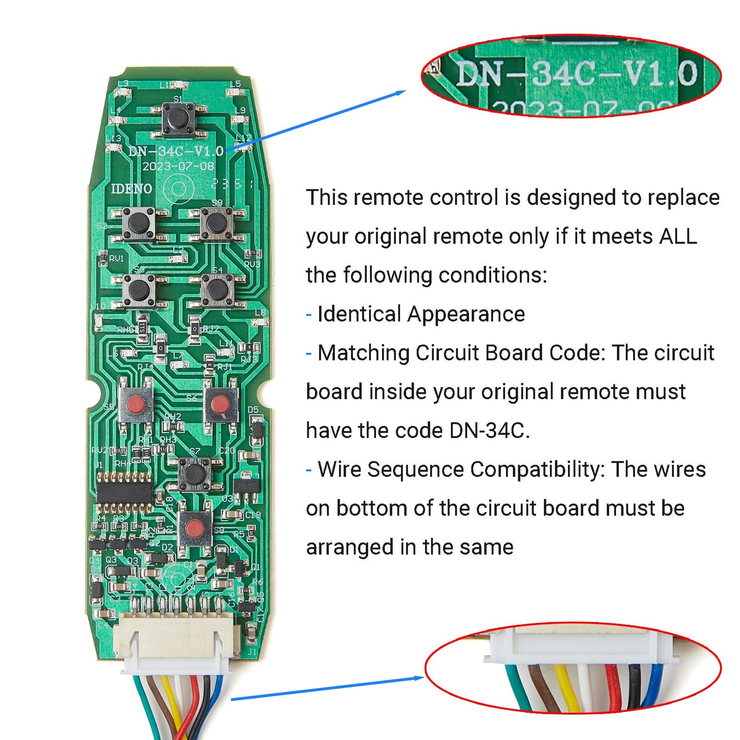 DN-34C 6 Button Heat & Vibration Remote Controller for Recliner - 8 Pin