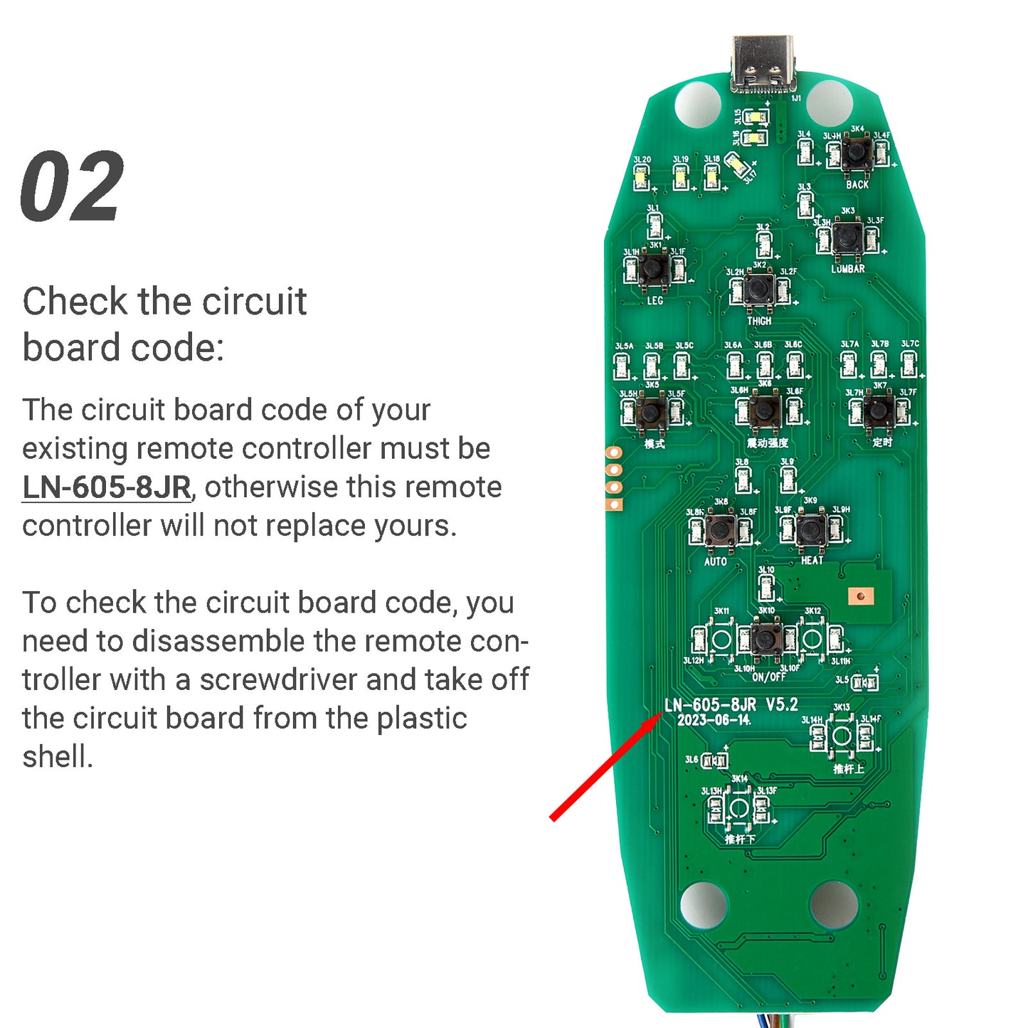 LN-605-8JR 10 Button Heat & Vibration Massage Remote Controller – 8 Pin with Type C