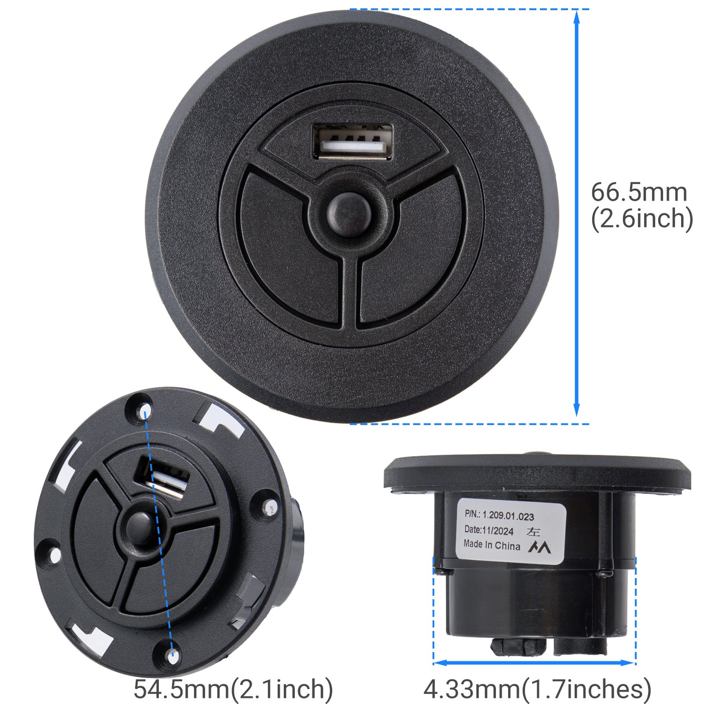 3 Button 2 Plugs Round Switch for Recliner Lift Chair with USB 1.209.01.023