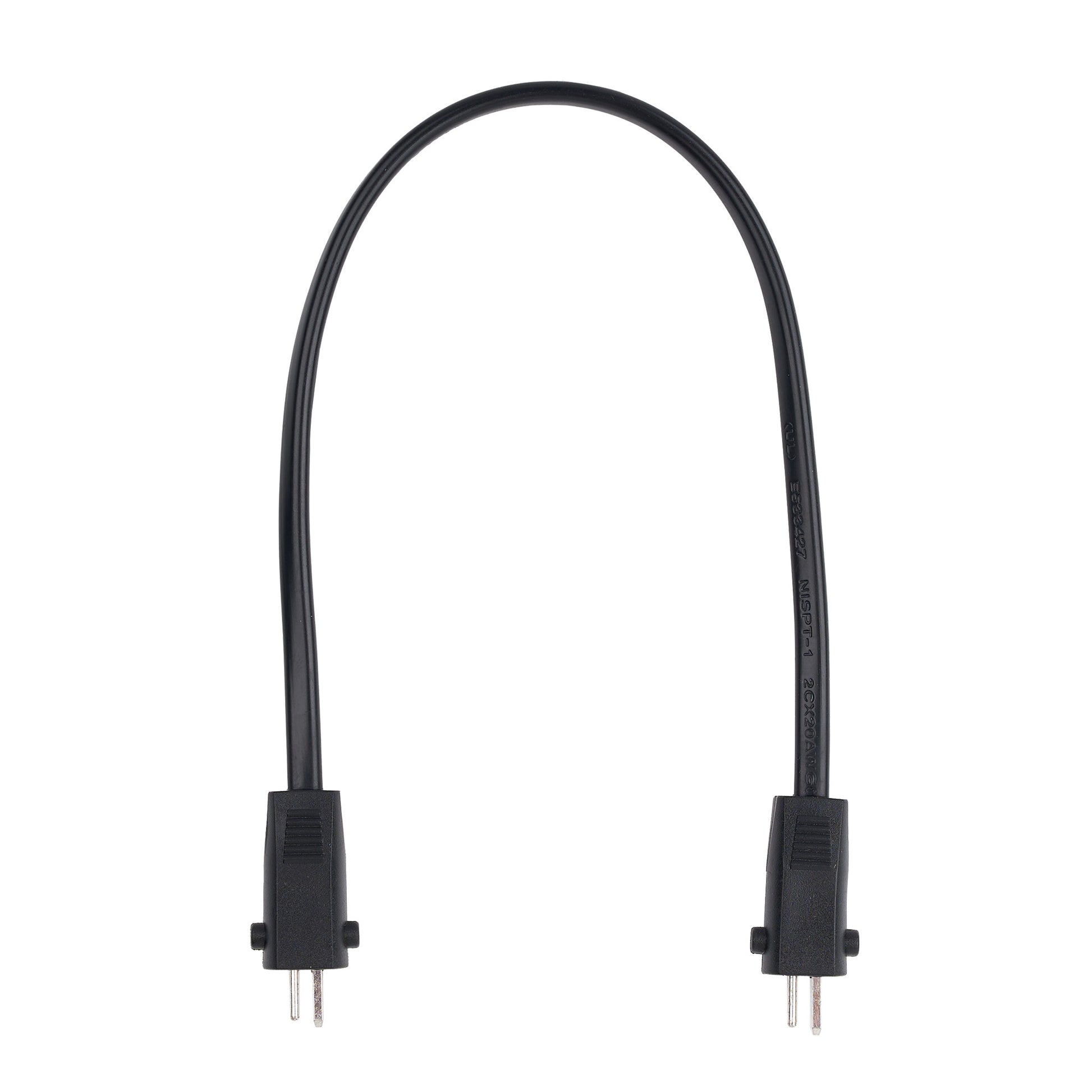Black cable with two connectors on a white background