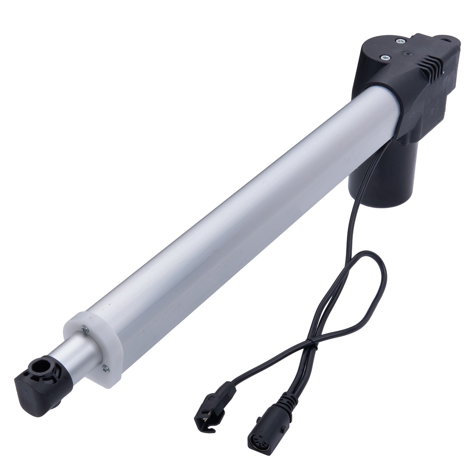 Linear actuator with a black housing and white shaft on a white background