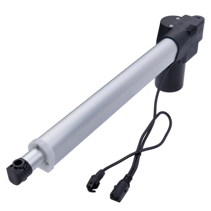 Linear actuator with a black housing and white shaft on a white background