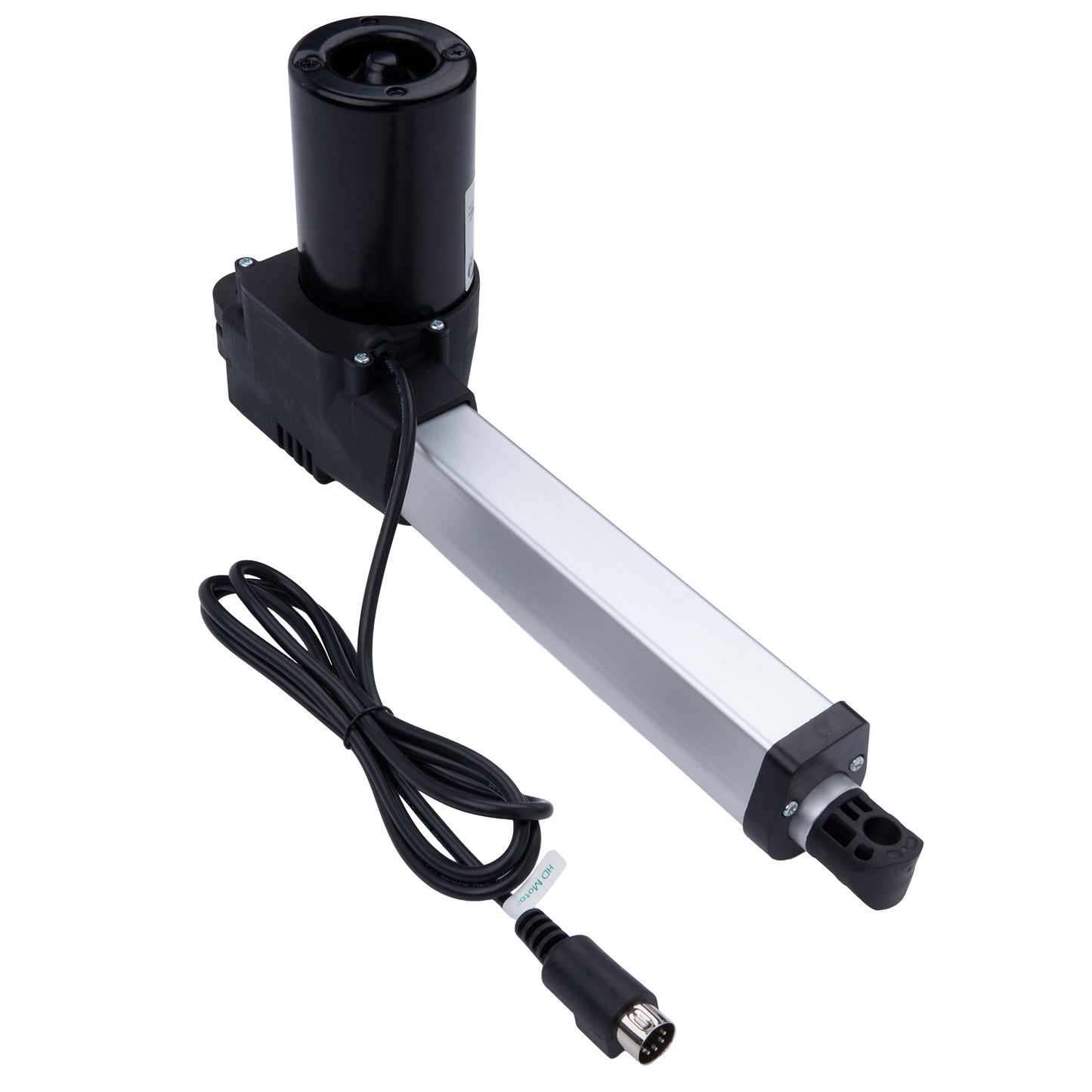 Mechanical actuator with cable and connectors on a white background