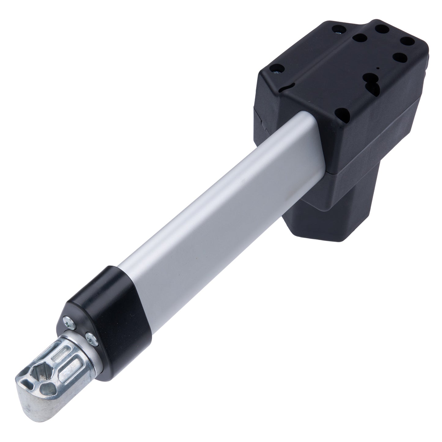 Mechanical actuator with black and silver design on a white background