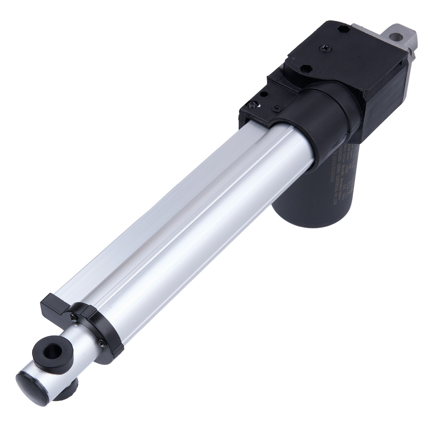 Linear actuator with black and silver design on a white background