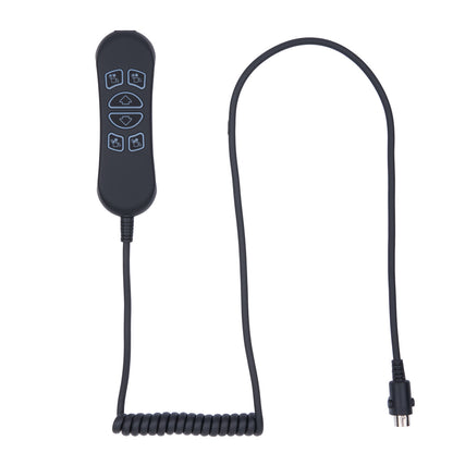Black remote control with coiled cable on a white background