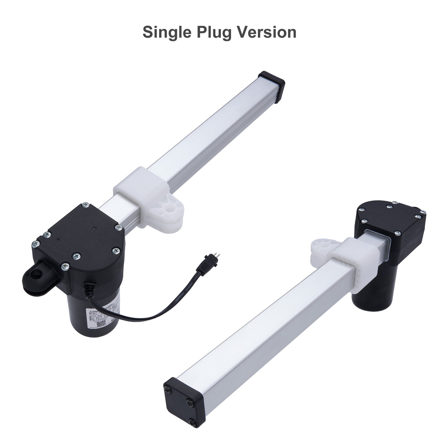 Two linear actuators with single plug version label on a white background