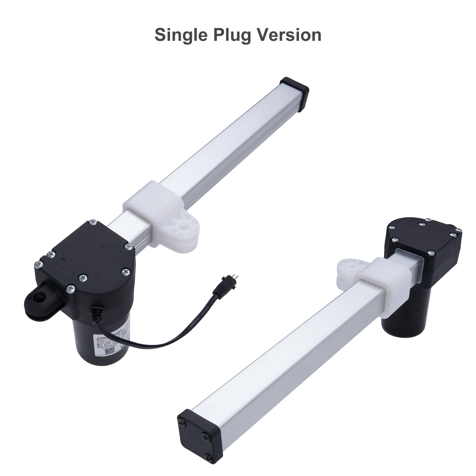 Two linear actuators with single plug version label on a white background