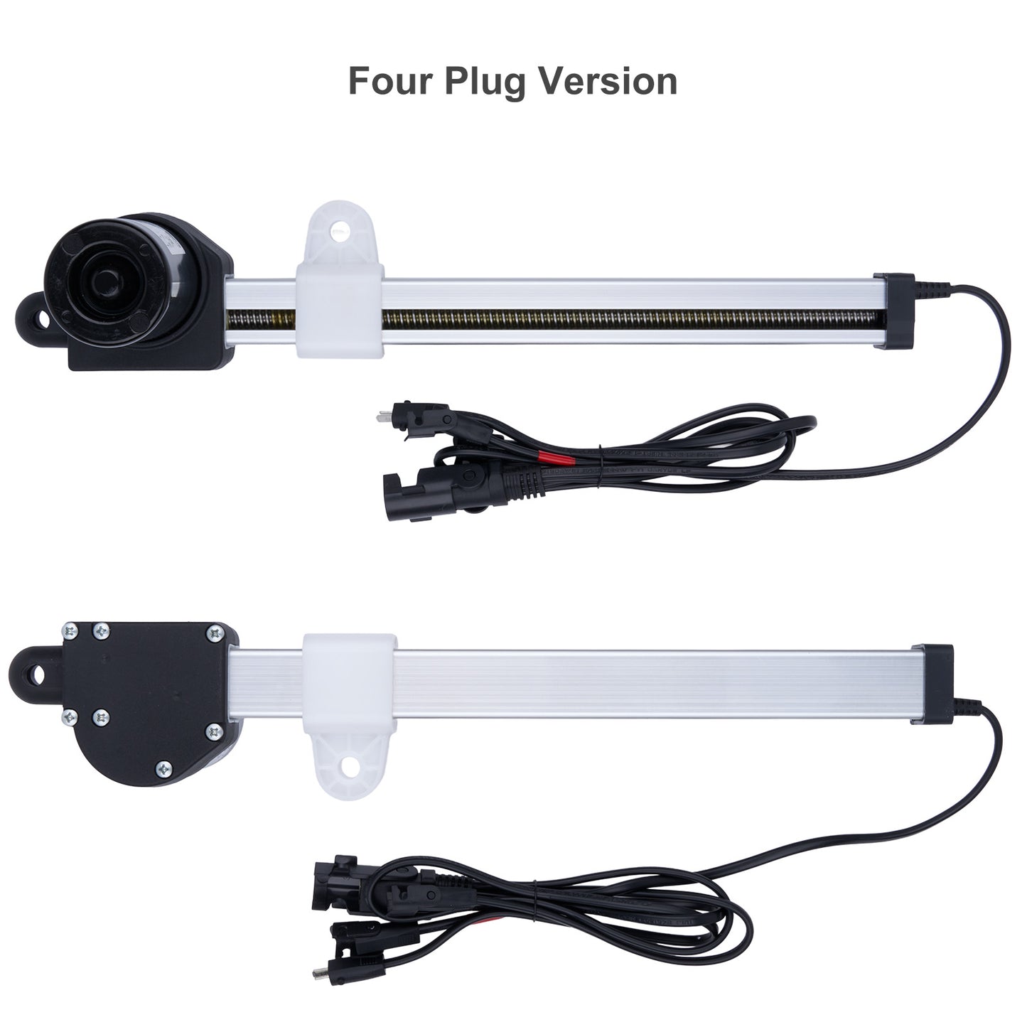Two mechanical components with wiring on a white background, labeled 'Four Plug Version'.
