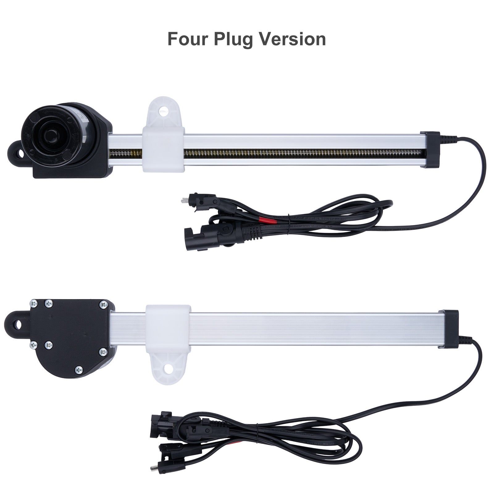 Two mechanical components with wiring on a white background, labeled 'Four Plug Version'.