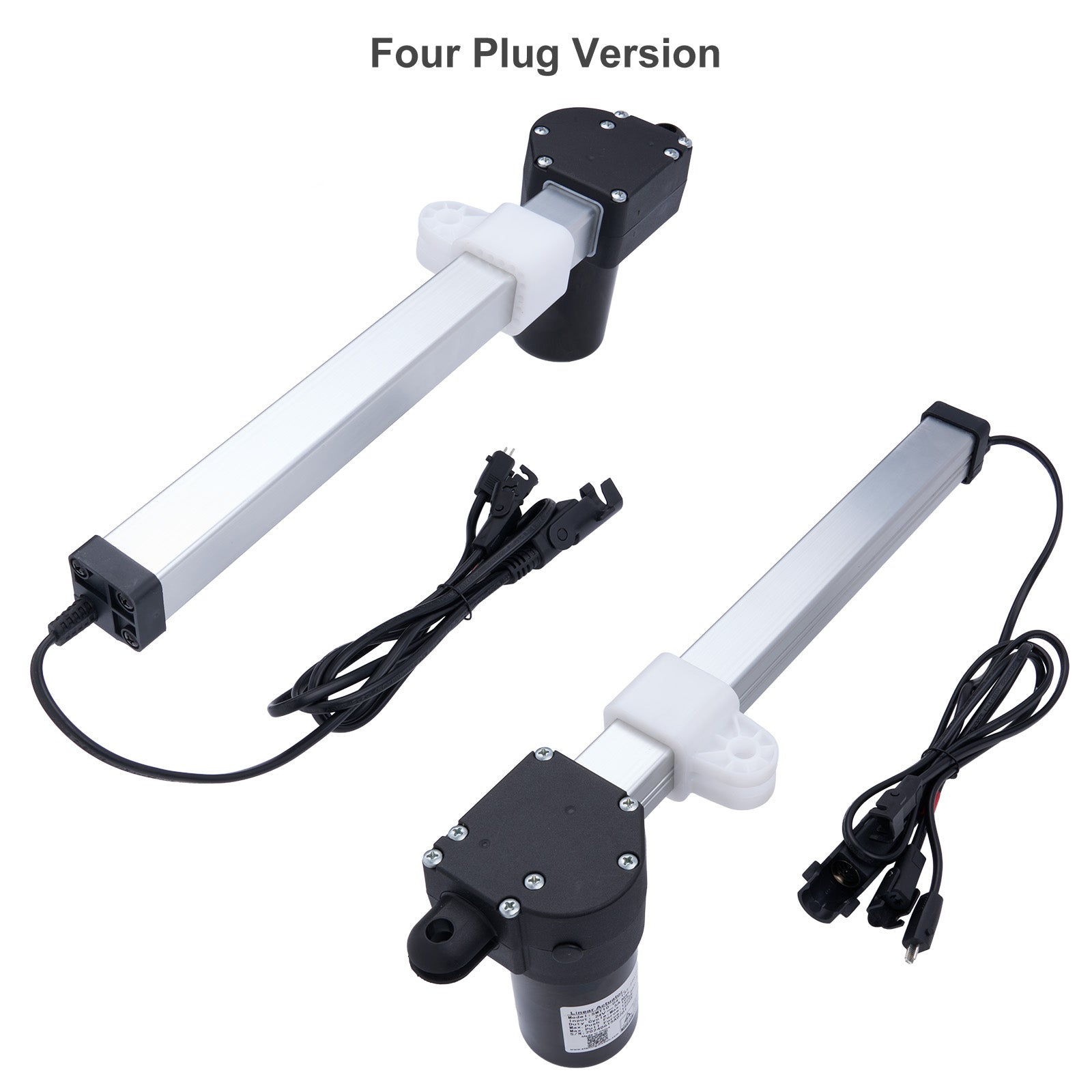 Two linear actuators with four plugs on a white background