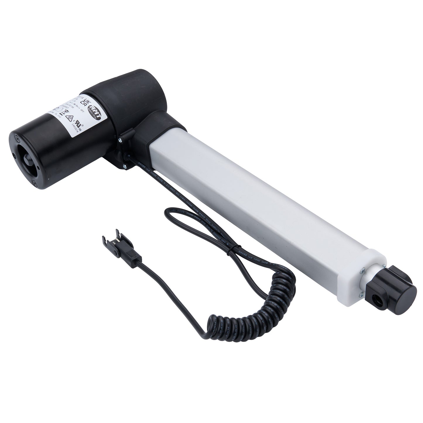 Black and white cylindrical device with coiled cable on a white background
