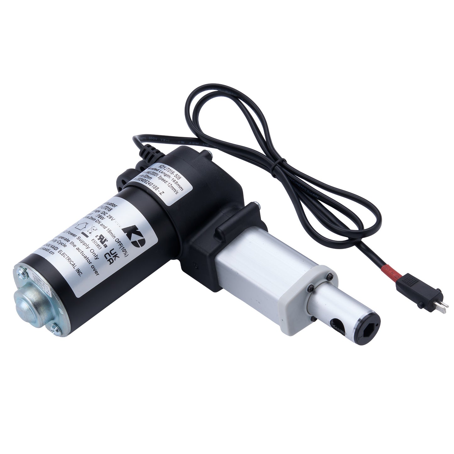 Electric linear actuator with wiring on a white background