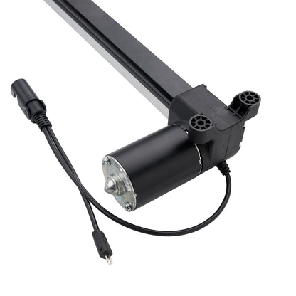 Black linear actuator with cable on a white background