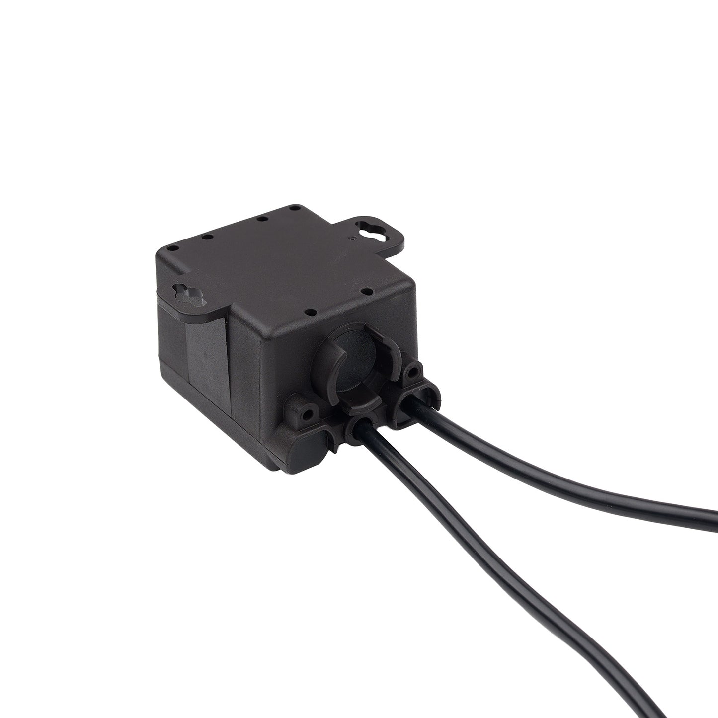 Black electronic component with wires on a white background