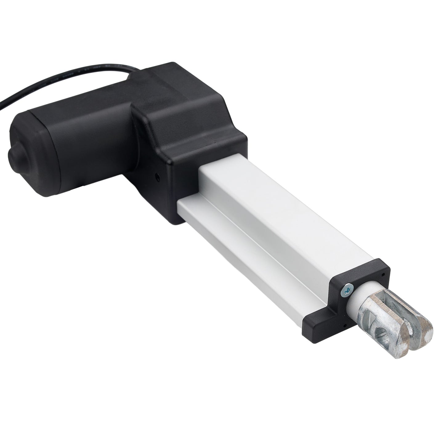 Linear actuator with black and white design on a white background