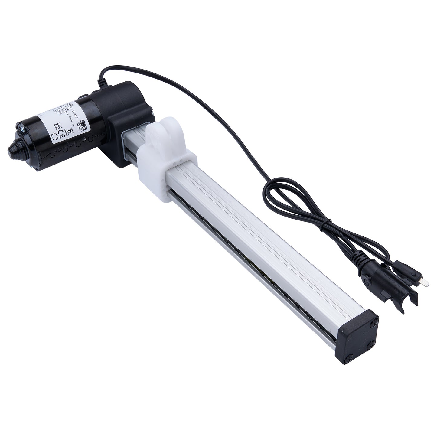 Light fixture with black housing and white base on a white background