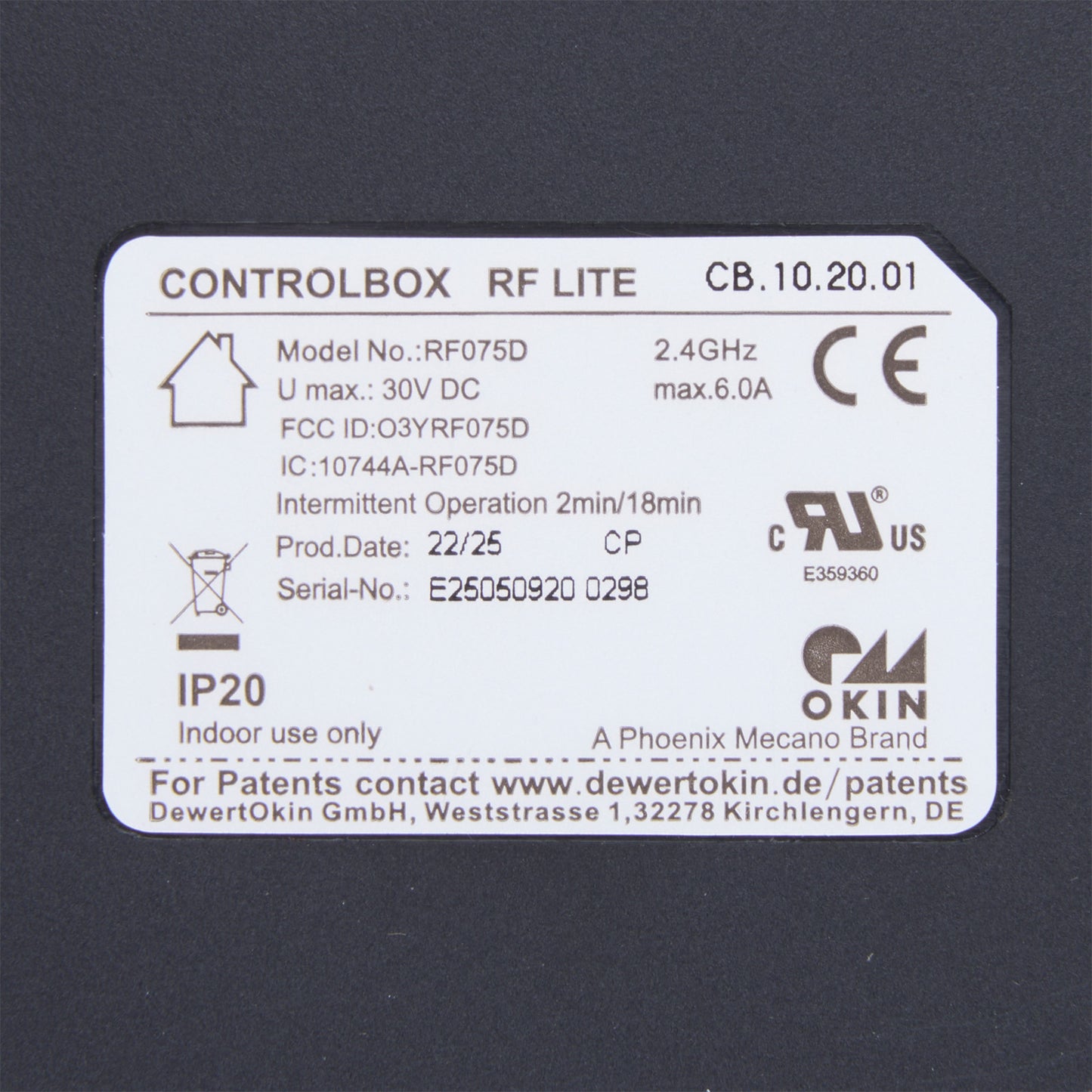 OKIN RF075D RF Lite Wireless Remote Controller + Receiver Control Box Kit for Adjustable Bed