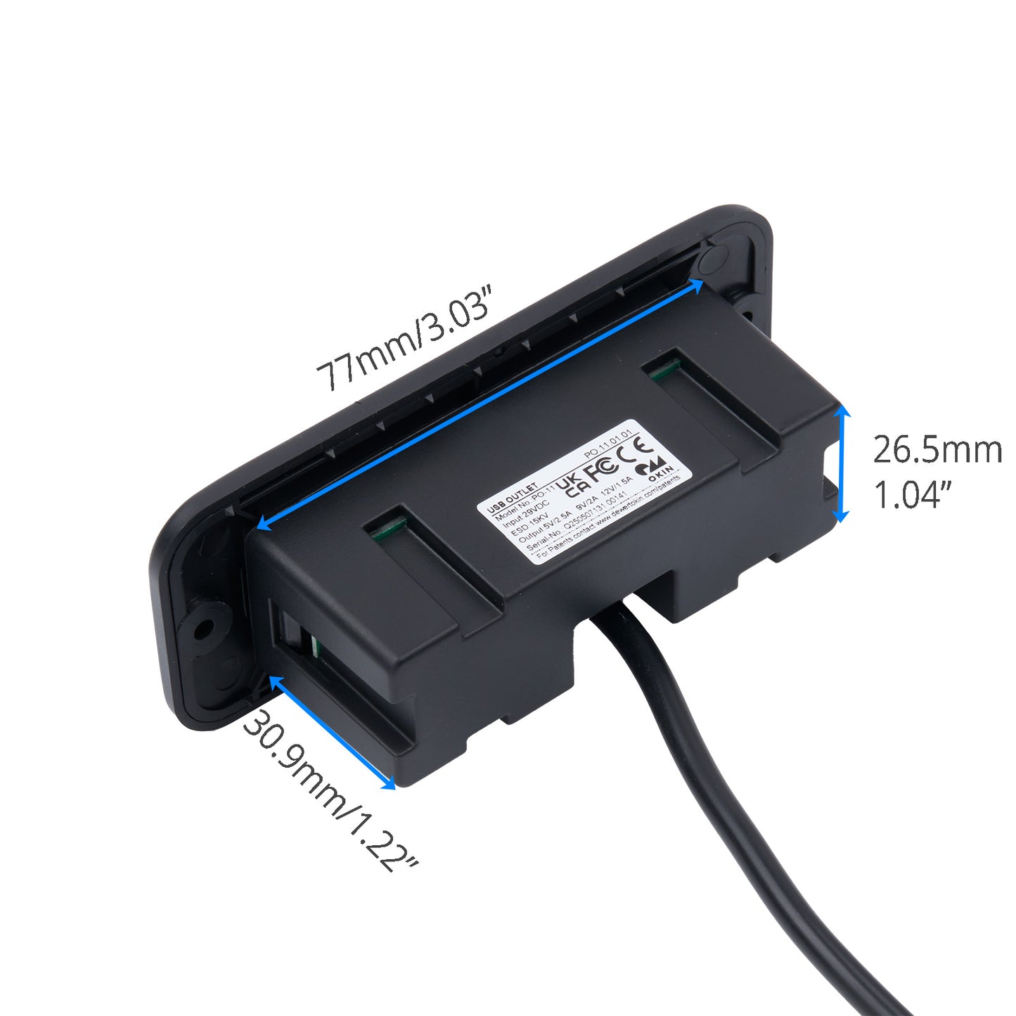 OKIN PO.11.01.01 USB Outlet - Type A + Type C, Rectangular with 2-Pin Male Plug