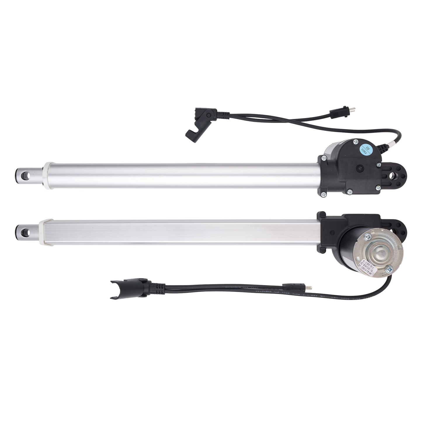 Two silver linear electric actuators with black motor housings, wiring, and connectors, displayed on a clean white background.
